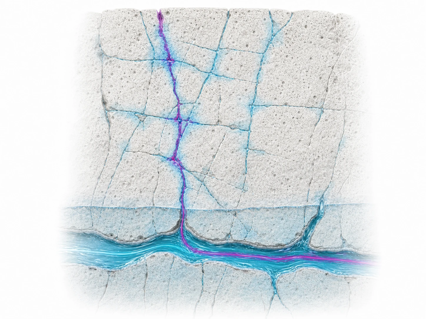 Conceptual limestone section in which a predominantly vertical magenta preferential path descends through a fractured porous vadose zone, reaches a water-filled conduit, and then follows predominantly horizontal phreatic flow to the right; cyan wetting indicates exchange with adjacent fractures and matrix.