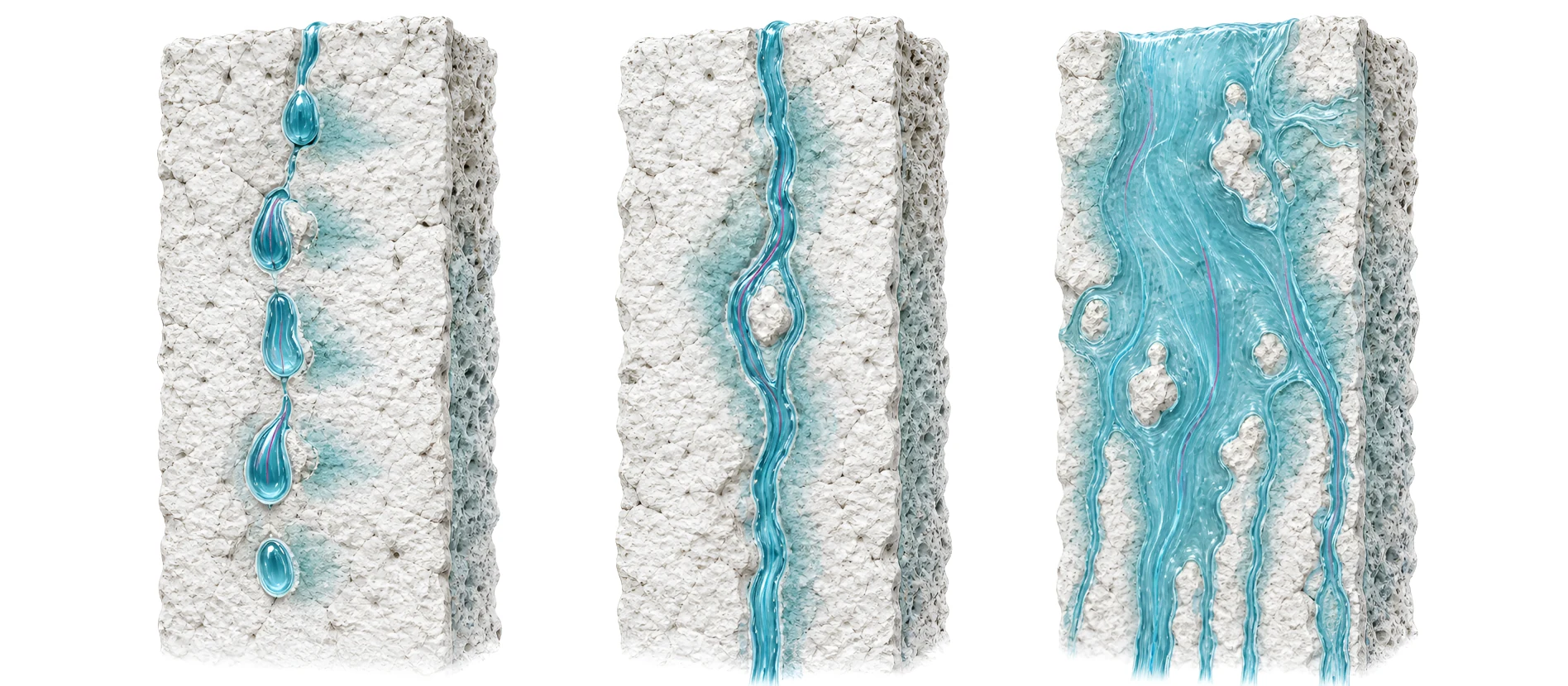 Three vertical limestone fracture surfaces compare descending droplets, a narrow rivulet, and a broad film. A pearly-white pulse traces and briefly illuminates the progressively larger wetted contact footprints.