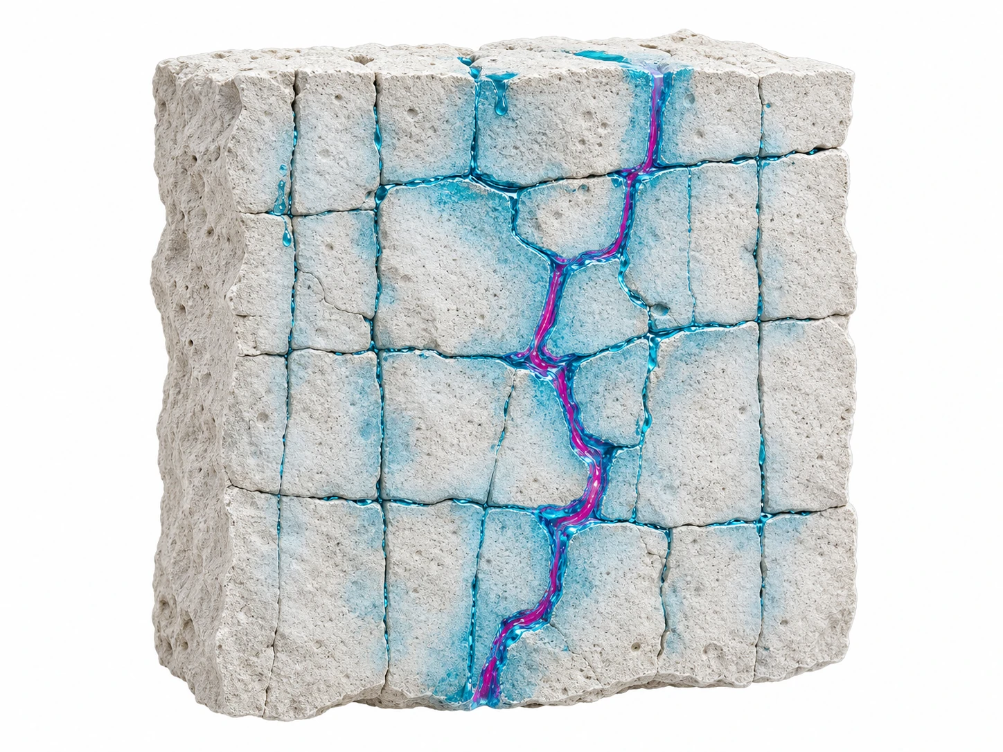 Conceptual vertical section through fractured limestone showing a magenta preferential pathway through connected fractures and cyan matrix-wetting footprints around the network.
