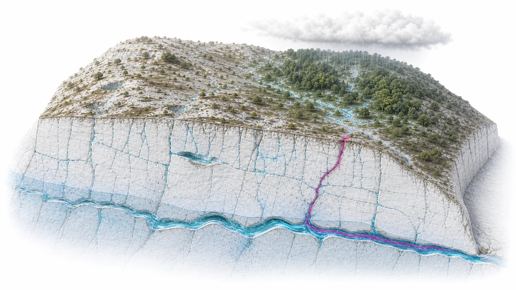 Centered conceptual three-quarter cutaway of a complete karst catchment, showing surface forcing, a deep fractured vadose zone, pale groundwater storage, a water-filled conduit system, and one continuous magenta preferential pathway from the surface toward the outlet.